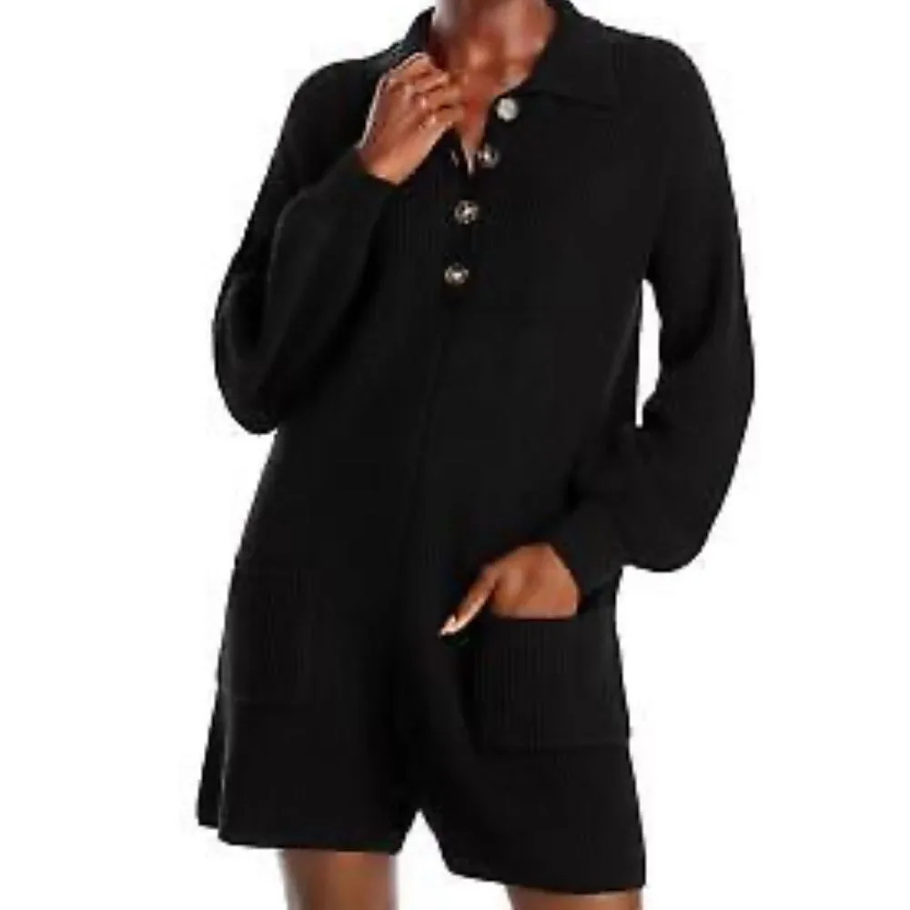 NWT AQUA Ribbed Sweater Romper with Pockets in Black